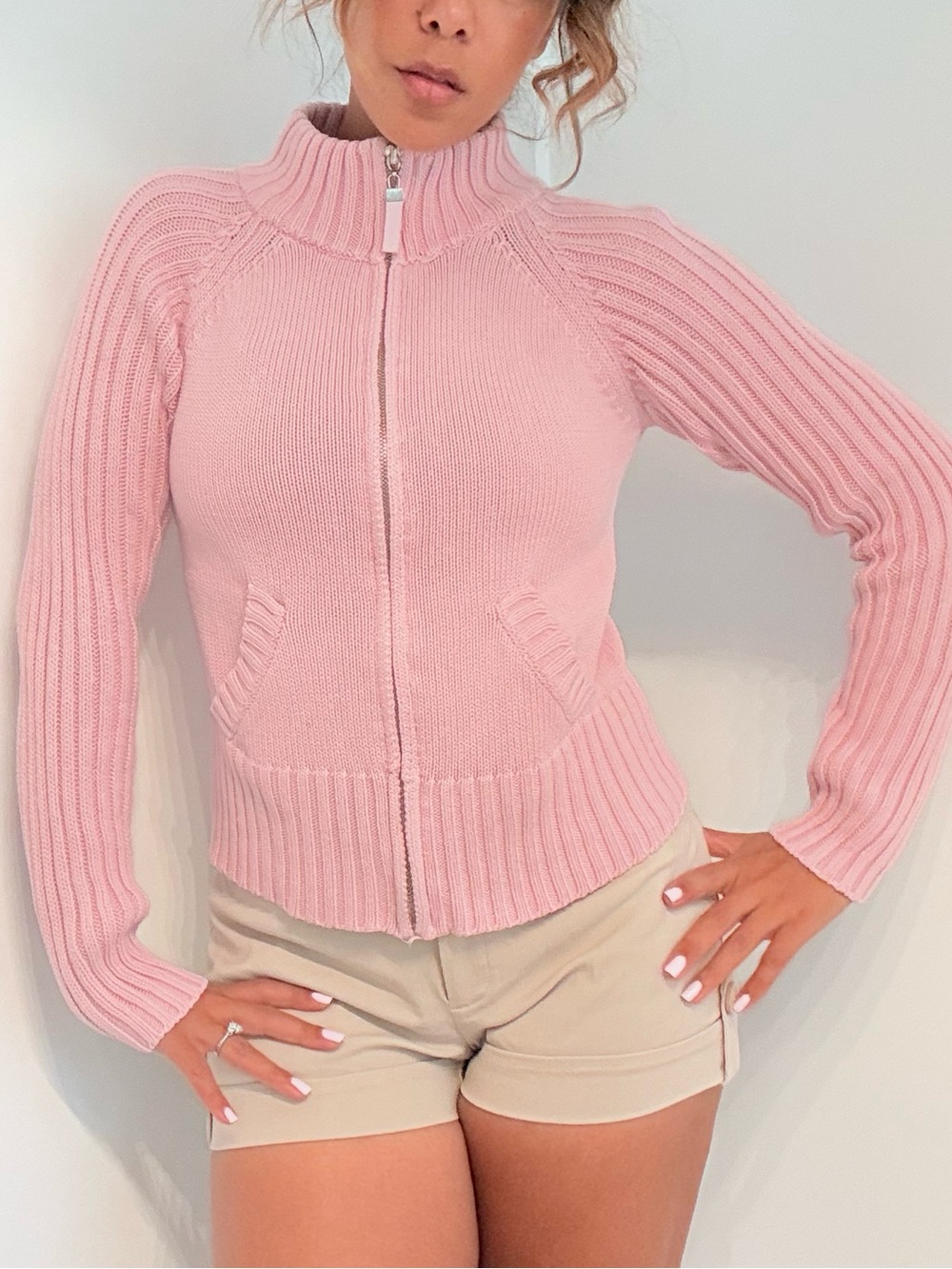 Vintage Y2K Say What? Baby Pink Zip Up Sweater Balletcore Rory Gilmore M